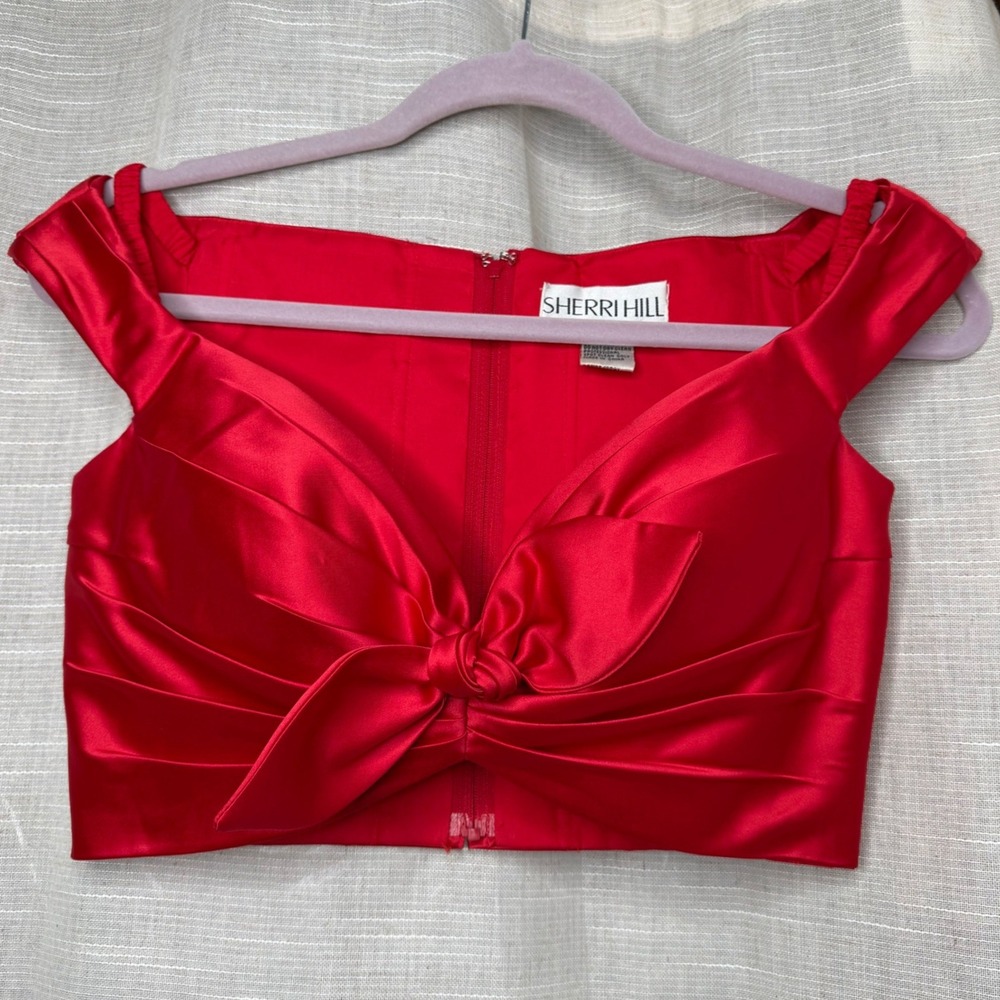 Sherri Hill Satin Pleated Bow Crop Top Red Bollywood Latin Dance Prom Women's 4